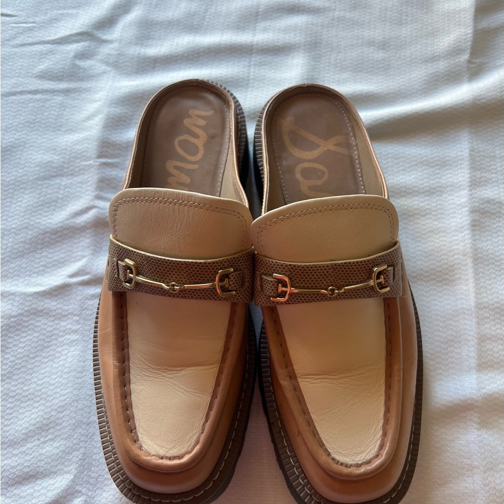 Sam Edelman Two-Tone Cream and Brown Leather Backless Loafers - Picture 6 of 12